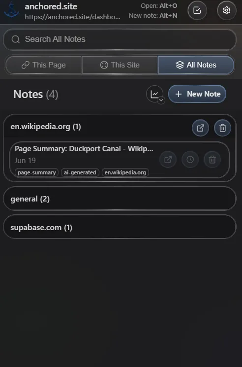 Anchored browser extension note dashboard with grouped notes and search