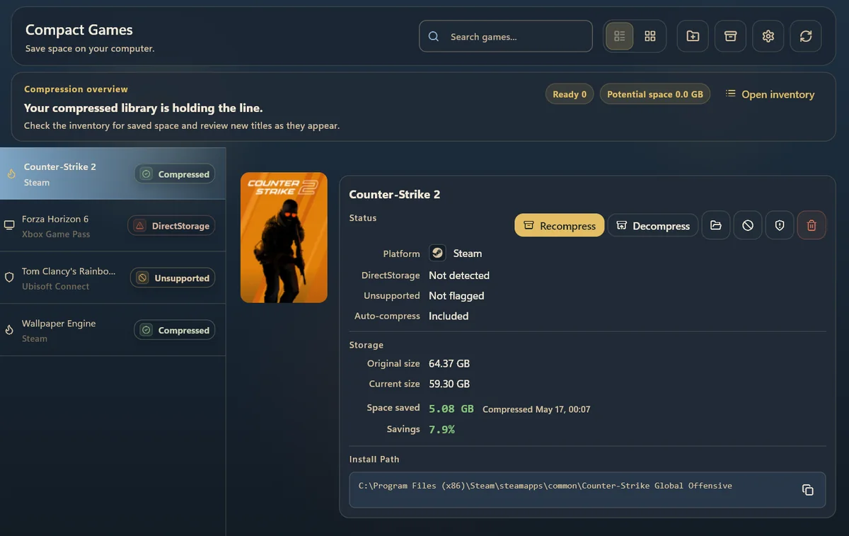 Compact Games selected-game detail view showing saved space and compression controls