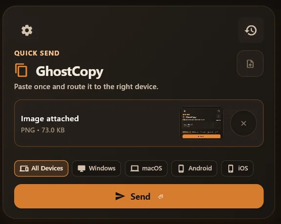 GhostCopy quick send window with an image attachment ready to route across devices